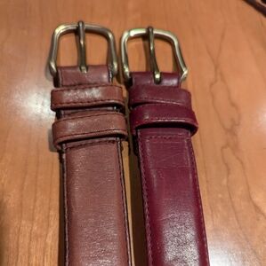 Two for one! Brown and red brown leather belts size 42. Gold buckles.